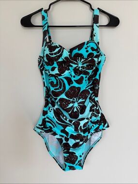 Women’s Turquoise & Black Floral One-Piece Swimsuit with Built-In Support